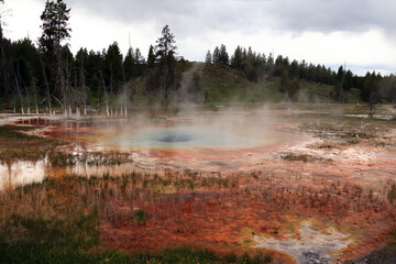 A blood-red geothermal lake in the middle of which is a geyser crater filled with water. The photo...