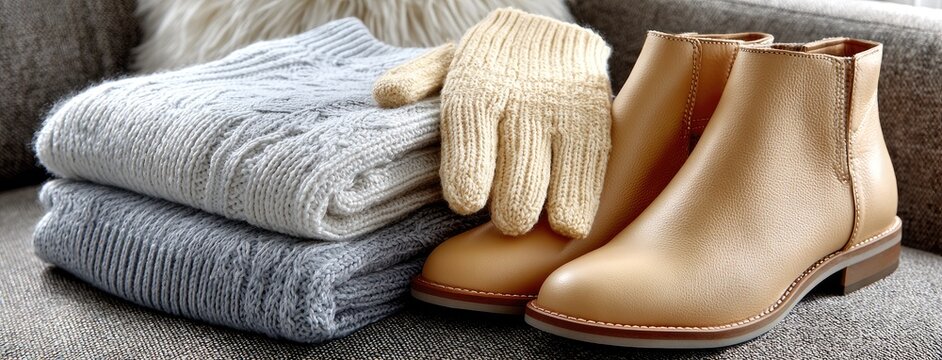 Stylish winter accessories including gloves and boots with a soft color palette on a flat lay background, perfect for cozy outfits