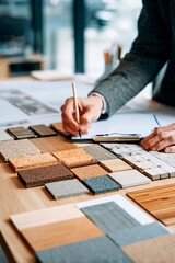 A person is choosing various textures and colors from a collection of materials on a wooden table in a contemporary workspace. The ambiance is bright and inspiring