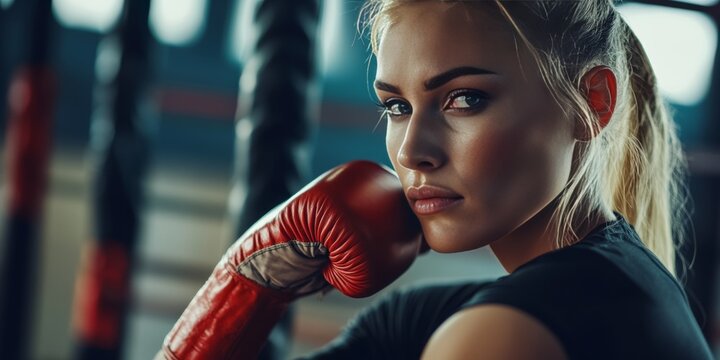 A female boxer in a training gym, wearing gloves and focused. The image captures the intensity and dedication of an athlete.