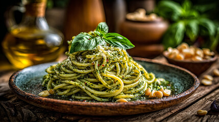 A plate of pesto pasta topped with basil leaves and pine nuts on a rustic wooden surface setting