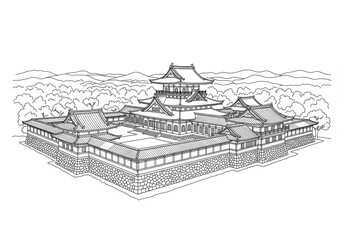 Kyoto Imperial Palace (京都御所) in Japan one line drawing style