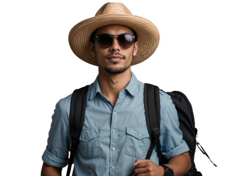 Attractive young man traveling in casual clothes wearing straw hat, sunglasses and backpack isolated on transparent background