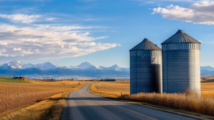 Obraz premium A scenic view of a country road through a farm landscape, featuring silos and fields under a clear sky.