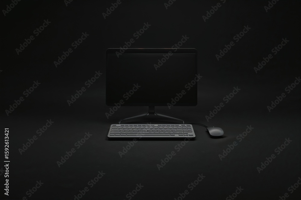 Poster sleek modern computer setup with subtle sheen, perfect for tech enthusiasts and modern workspace vis