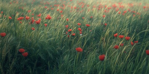 Fototapeta premium Bright red poppies swaying gently in a field, signifying resilience and remembrance.