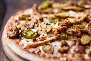 Gyros Pizza with jalapeno pepper and mozzarella cheese. Soft focus. Close up.