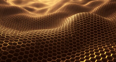 Abstract golden honeycomb texture with undulating surface illuminated by warm light. Hexagonal patterns create a three-dimensional effect. High-angle view showcases detailed texture and depth.