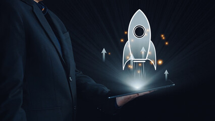 Startup launch and business growth concept, rocket symbolism, entrepreneurship, startup innovation,...