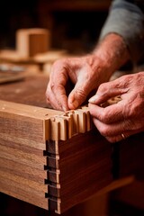 A skilled artisan meticulously fits wooden joints together in a workshop filled with tools. Natural light illuminates the craftsmanship, showcasing attention to detail in the woodworking process