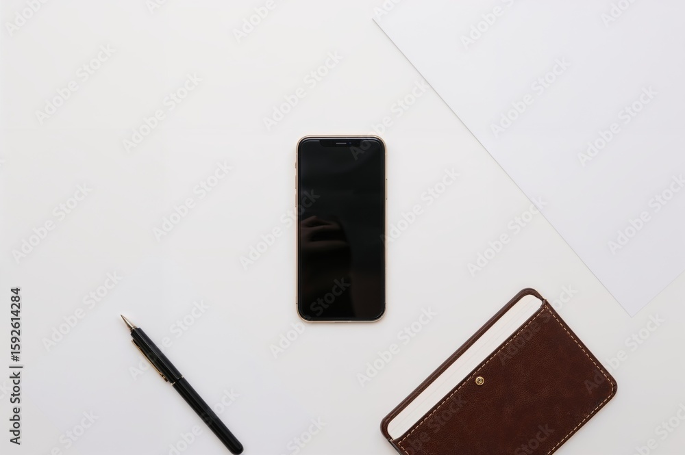 Poster sleek smartphone display with note pad and pen, a minimal workspace showcasing digital and analog to