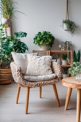 A stylish knit chair and wooden coffee table create a cozy seating area in a modern apartment filled with various indoor plants. Natural light fills the space