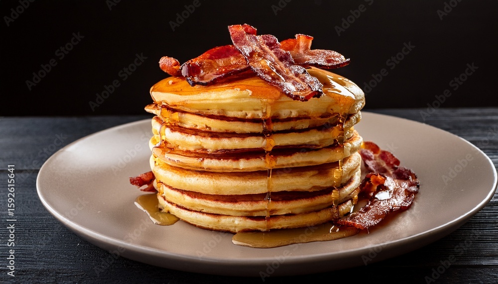 Aufkleber stack of fluffy pancakes topped with crispy bacon and syrup