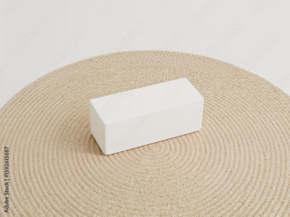 Poster serene still life of a rectangular prism on a round jute mat displaying simplicity and geometric bal