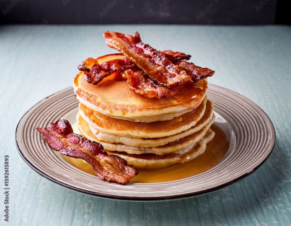 Poster stack of fluffy pancakes with crispy bacon and syrup