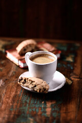 Cup of coffee on wooden background. Soft focus. Copy space	