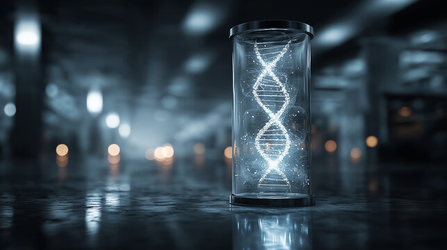 A luminous double helix of DNA preserved in a futuristic glass capsule, a concept illustrating advances in biotechnology and genetic science