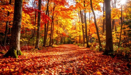 Autumnal forest path bathed in sunlight