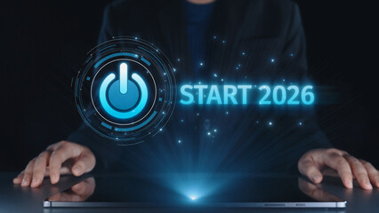 Start 2025 concept with futuristic power button symbolizing fresh beginnings, innovation, and...