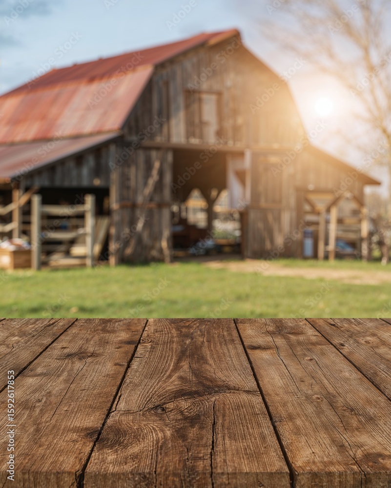 Poster weathered rustic oak table with blurred barn creates an inviting atmosphere for your products and de