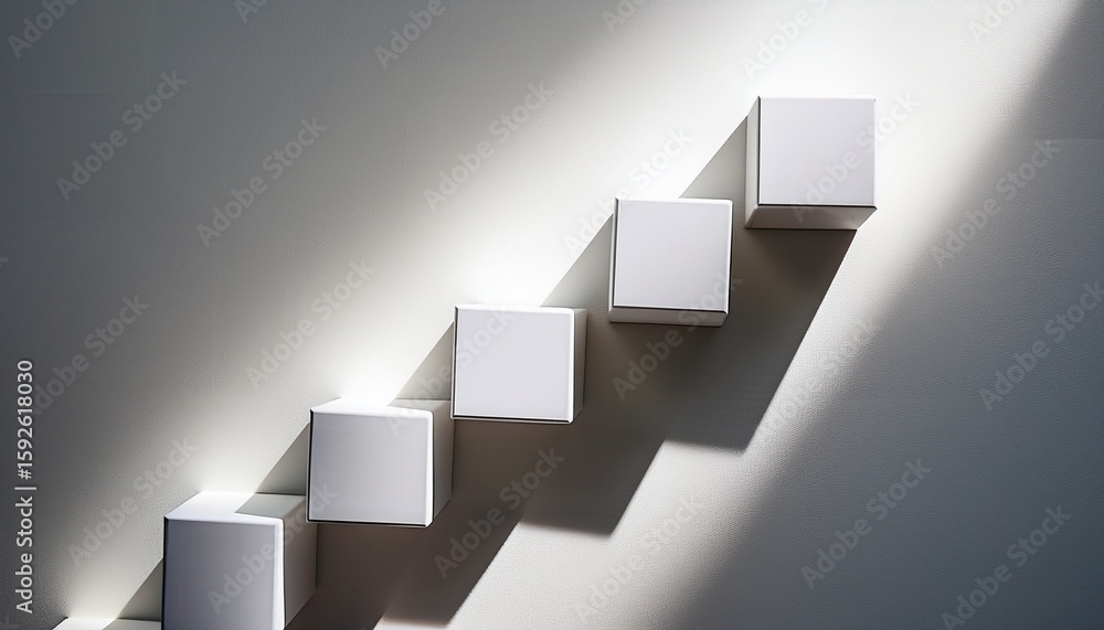 Poster abstract composition of white cubic blocks arranged in stair formations with soft shadows and subtle