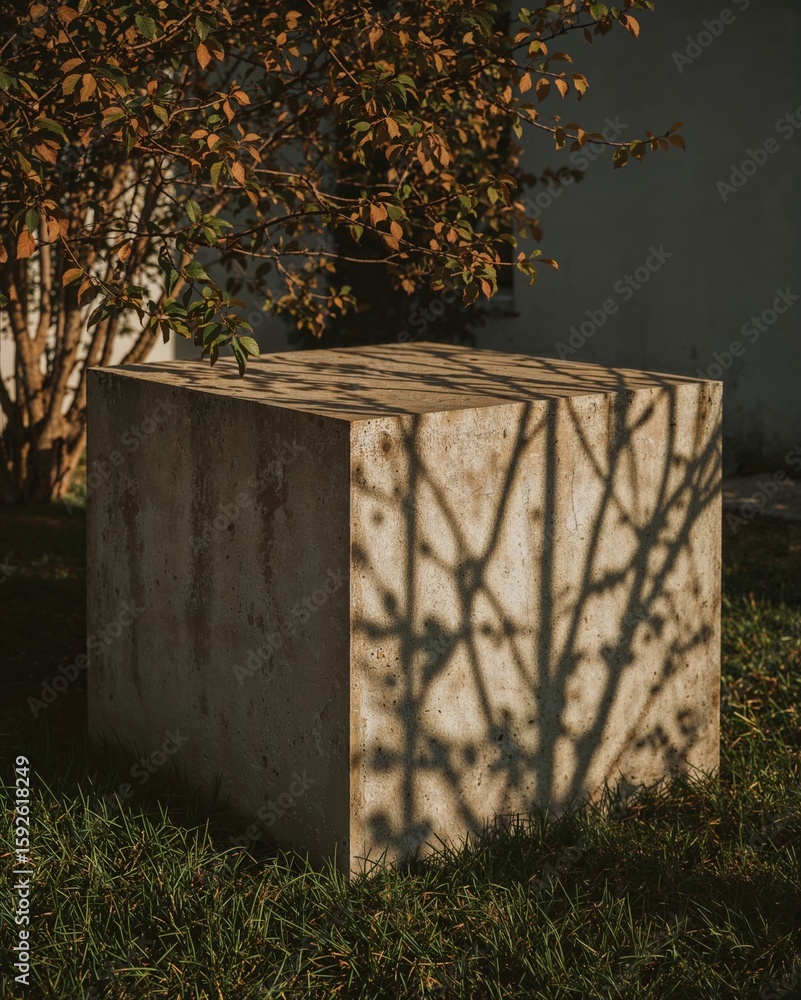 Fototapete weathered concrete cube in natural light casting branch shadows creating an artistic minimalist comp