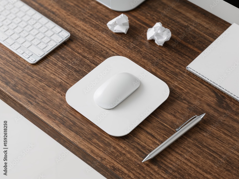 Poster workspace composition showcasing a wireless mouse and keyboard on a textured wooden desk surface ide