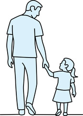 Stylish monochrome illustration in light blue: father and daughter holding hands. Great for serene designs focusing on family and connection