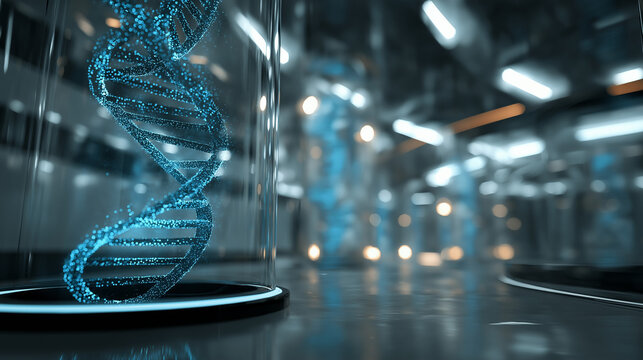 Vibrant blue DNA helix model showcased in a futuristic scientific laboratory, symbolizing breakthroughs in genetic engineering, molecular biology, and advanced biotechnology research