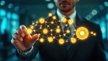 Businessman interacts with a glowing digital network of social connections