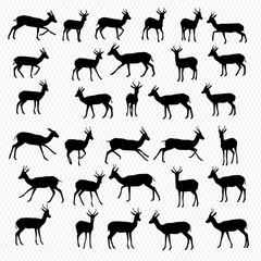 A collection of black silhouette illustrations depicting various poses and stances of gazelles and antelopes on a light patterned background.