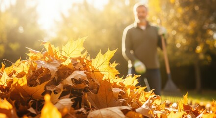 Man raking autumn leaves in backyard with warm sunlight in fall season.