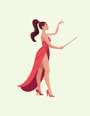 Elegant Woman Directing with a Baton, Illustration of a Conductor