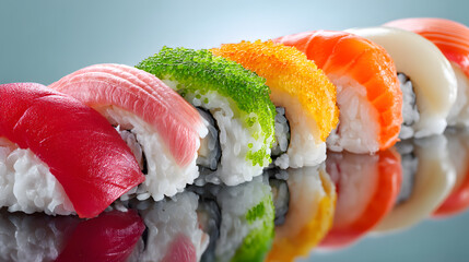 Assorted sushi set on soft white background, showcasing colorful rolls. Ideal for Japanese cuisine menus, food delivery ads, or modern culinary promotions.