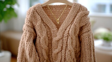Chic beige cardigan and stylish hanging garments create a fashionable women's collection within a modern retail space