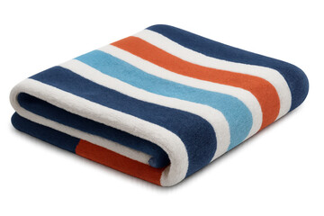 Vibrant striped beach towel folding cleanly, resting against transparent backdrop, highlighting summer relaxation aesthetic