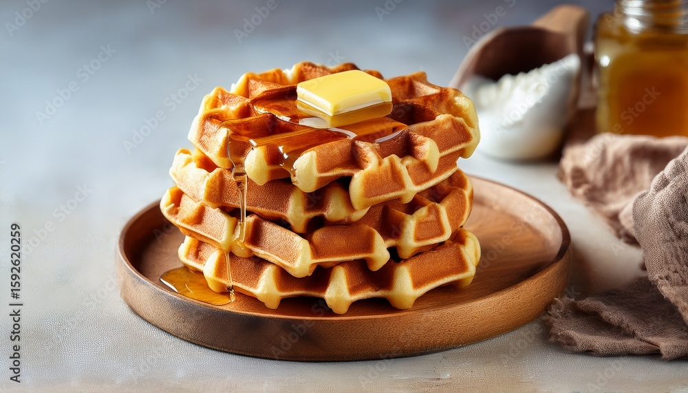 Poster stack of golden waffles topped with butter and syrup