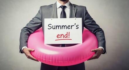 Businessman holding pink pool float and sign that says "summer's end" symbolizing return to work and end of vacation season.
