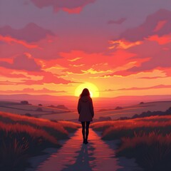 Obraz premium silhouette of woman walking on the beach at sunset