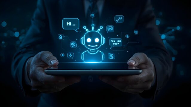 AI Chatbot Assistant Emerging from Tablet with Speech Bubbles for Customer Service and Digital Communication

