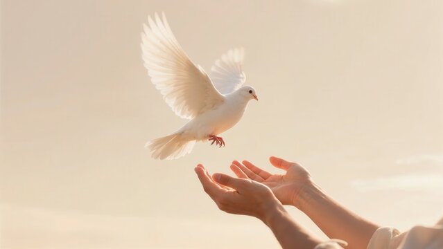 White dove flying from human hands at sunset symbolizing peace, freedom and hope.