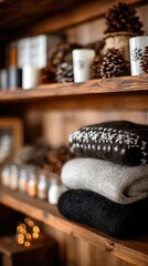 Warm autumn attire displayed on a shelf showcasing folded sweaters, jeans, and scarves in rich colors and textures for the cozy season ahead