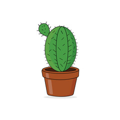 Obraz premium Cute Cartoon Cactus in Brown Pot – Hand Drawn Vector Illustration with Spikes on White Background