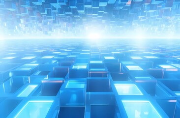 立方体ブロックパターンと明るい青色のライトを備えた抽象的な未来的な背景の3Dレンダリング