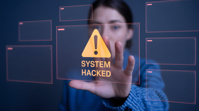 Woman interacting with a holographic screen displaying system hacked alert, symbolizing cybersecurity threat and data breach.