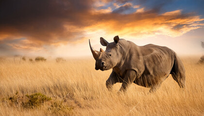 Obraz premium majestic rhino charging through golden grassland under dramatic sky