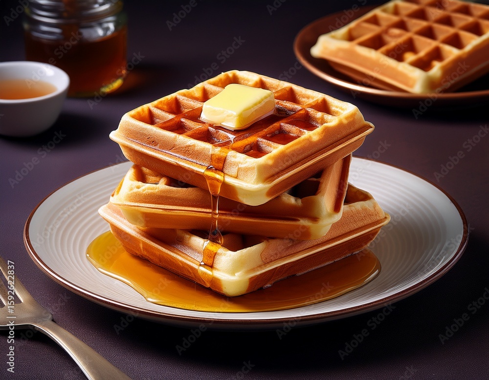 Poster stack of waffles topped with butter and syrup on a plate