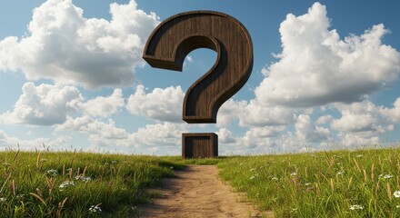 Question Mark Path Clouds and Sky - A large wooden question mark stands in a field, symbolizing uncertainty, choice, direction, adventure, and the future. A path leads towards it