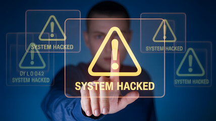 System hacked alert displayed with warning signs, showing cybersecurity threat on a screen with a blurred person.