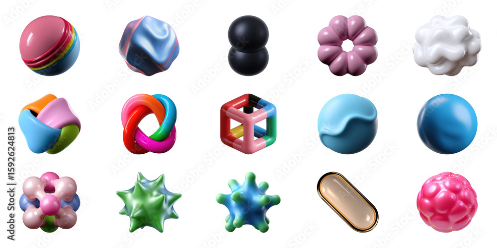 Poster colorful abstract 3d shapes set. modern design elements and creativity collection isolated on transp